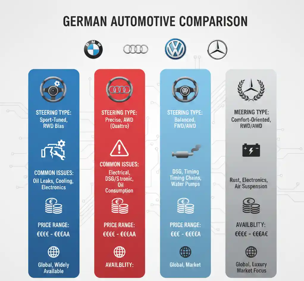 Salīdzinājuma tabula ar dažādu auto marku stūres mehānismu īpatnībām un biežākajām problēmām
