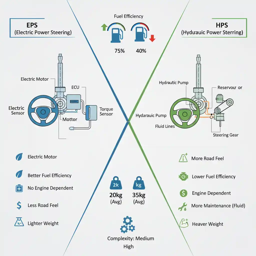 Infografika, kas salīdzina elektrisko un hidraulisko stūres mehānismu – EPS un HPS
