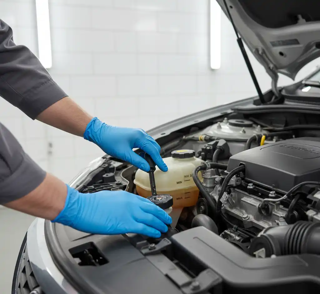 Mehāniķa rokas pārbauda stūres šķidruma līmeni - stūres mehānisma apkope