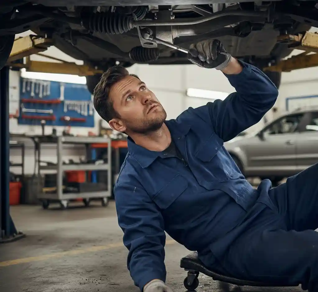 Mehāniķis pārbauda stūres mehānismu un stūres reiku zem automašīnas