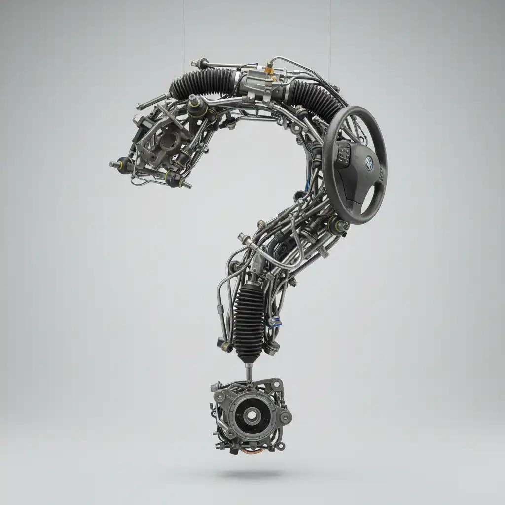 Jautājuma zīme veidota no auto rezerves daļām un stūres mehānisma elementiem